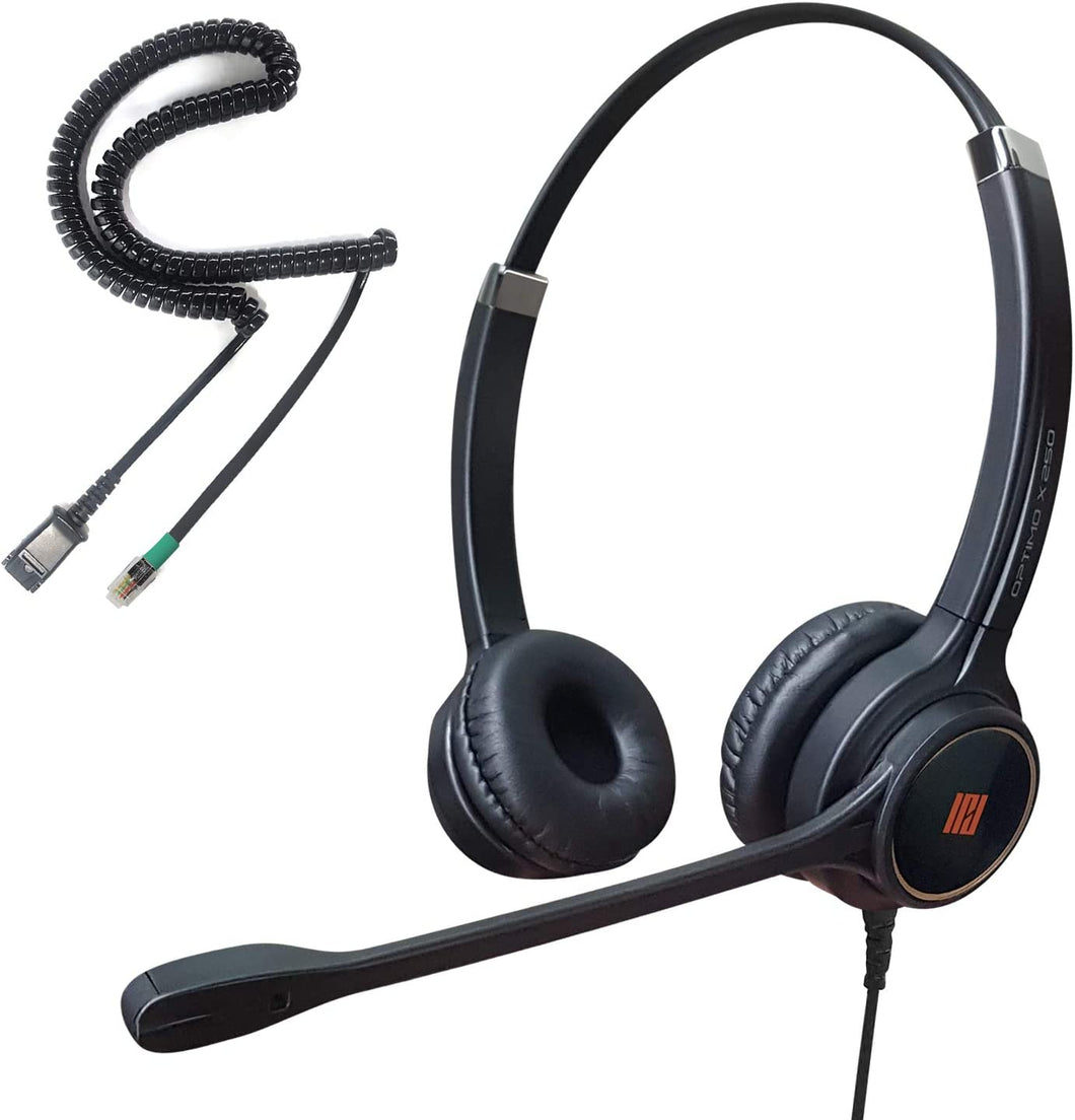 IPD IPH-255 Optimo-X Duo Ear Noise Canceling,Corded Headset for Call Center,Office&Landline Phones with U10P-S Bottom Cable W RJ9 Jack Cable Works with Yealink,Snom,Lg &Other IP Phones